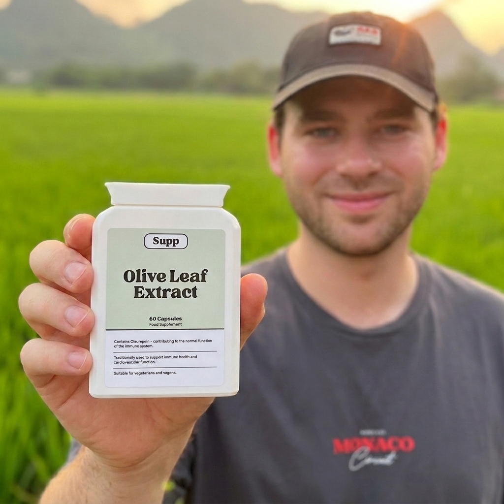 Toby Devonshire holding a bottle of Olive Leaf Extract supplements for immunity with a rice firld and mountains behind at sunset showing how olive leaf is good for immunity when travelling.