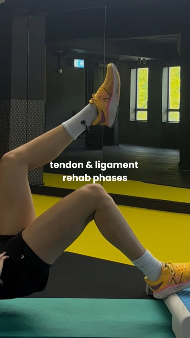 Tendon and ligament rehab physio exercises Physiotherapist's legs in a gym on a mat performing tendon and ligament rehab exercises